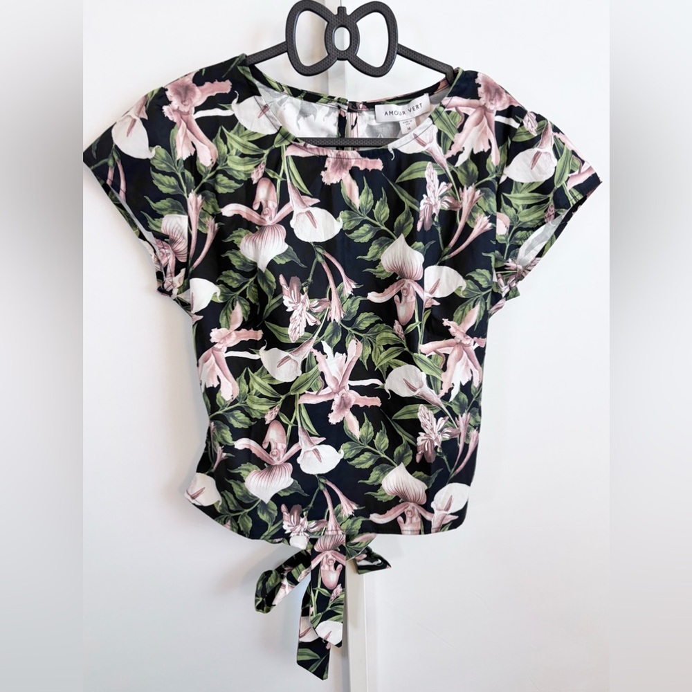Amour Vert Floral Resort Tie Back Blouse M